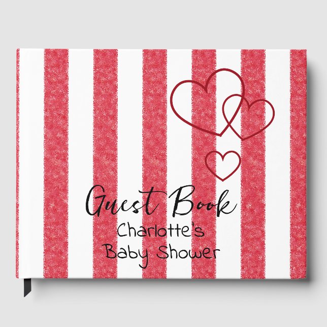 Elegant Red Chalk Stripe Triple Hearts Baby Shower Gästböcker (Framsida)