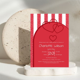 Elegant Red Chalk Stripe Triple Hearts Baby Shower Inbjudningar