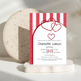 Elegant Red Chalk Stripe Triple Hearts Baby Shower Inbjudningar