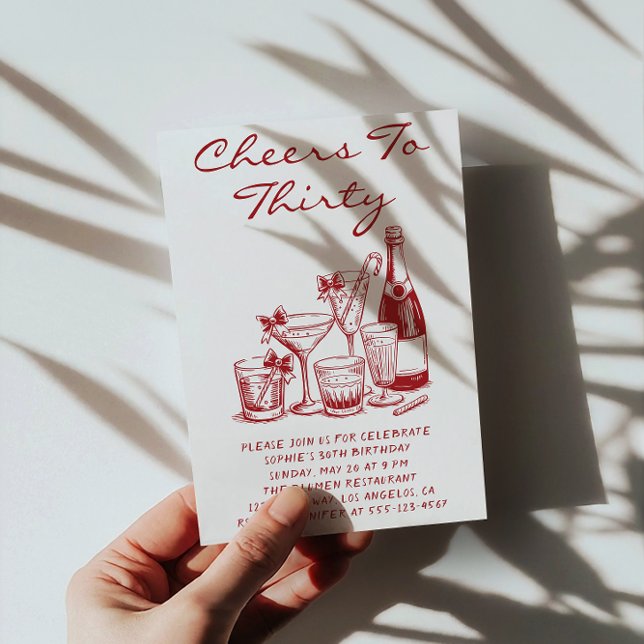 Elegant Red Cheers to Thirty Cocktail Birthday Inbjudningar (Skapare uppladdad)