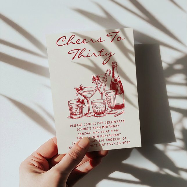 Elegant Red Cheers to Thirty Cocktail Birthday Inbjudningar (Skapare uppladdad)