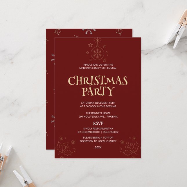Elegant Red Christmas Party Invite Inbjudningar (Fram/Back In Situ)