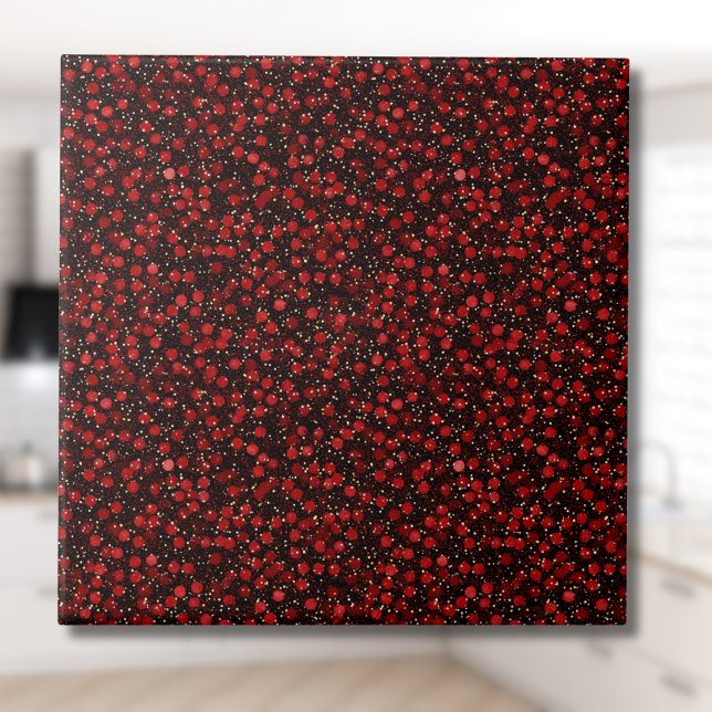 Elegant Red Confetti on Black Glitter Style Kakelplatta (Skapare uppladdad)
