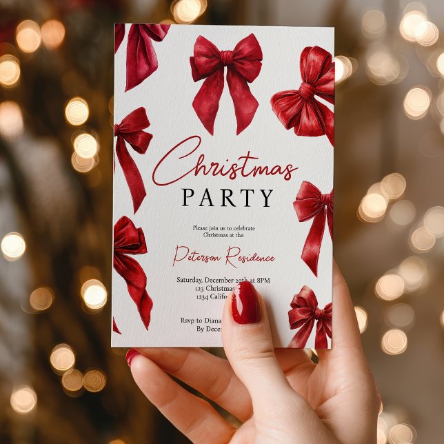 Elegant Red Coquette Bows jul Party Inbjudningar (Elegant Red Coquette Bows Christmas Party Invitation)