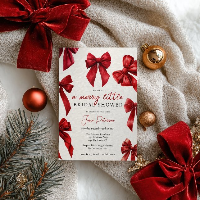 Elegant Red Coquette Bows-Möhippan Julvinter Inbjudningar (Elegant Red Coquette Bows Christmas Winter Bridal Invitation)