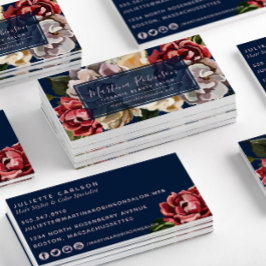 Elegant Red Cream Flowers on Navy Blue Visitkort
