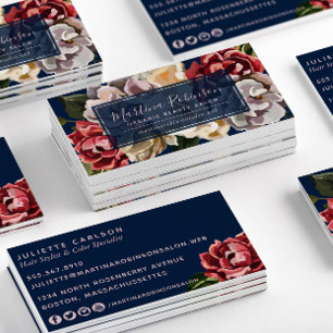 Elegant Red Cream Flowers on Navy Blue Visitkort