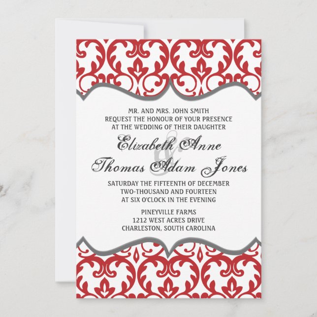 Elegant Red Damask Heart Wedding bjudande Inbjudningar (Framsida)