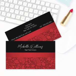 Elegant Red Damask Nail Technician Visitkort