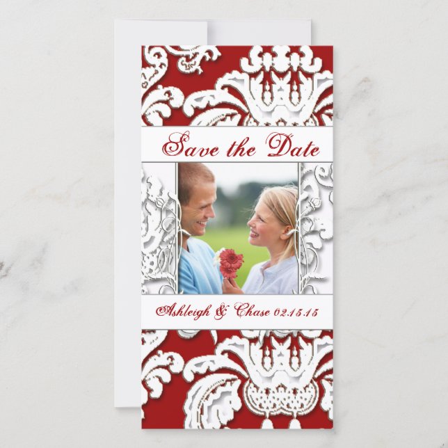 Elegant Red Damask Spara datumDitt foto Datumet (Framsida)