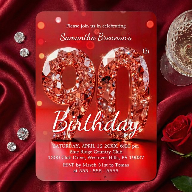 Elegant Red Diamond Gemstone Glamour 90th Party Inbjudningar (Skapare uppladdad)