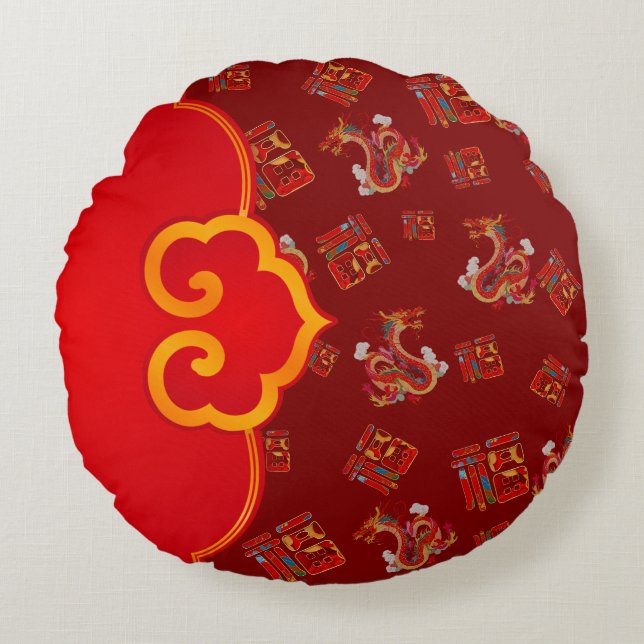 Elegant Red Dragon Chinese New Year Lucky Symbol 福 Rund Kudde (Framsidan)
