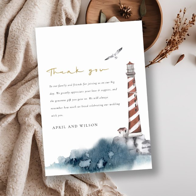 ELEGANT RED DUSKY BLUE LIGHTHOUSE SEA WAVE BRÖLLOP TACK KORT (Skapare uppladdad)