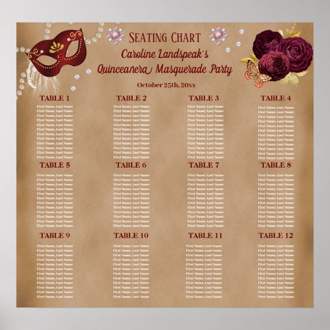 Elegant Red English Ro, Masquerad Quinceañera Poster (Framsidan)