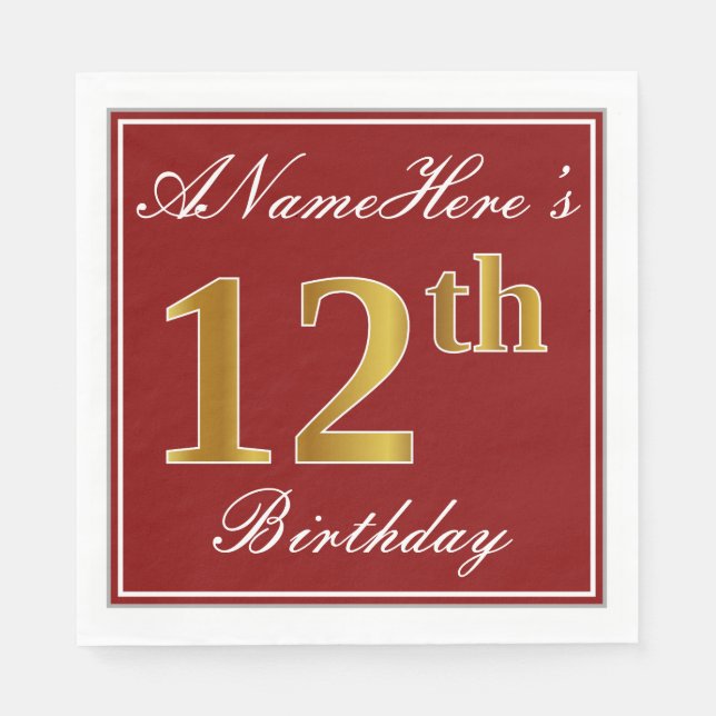 Elegant Red, Faux Guld 12:e Birthday + Anpassat na Pappersservett (Framsidan)