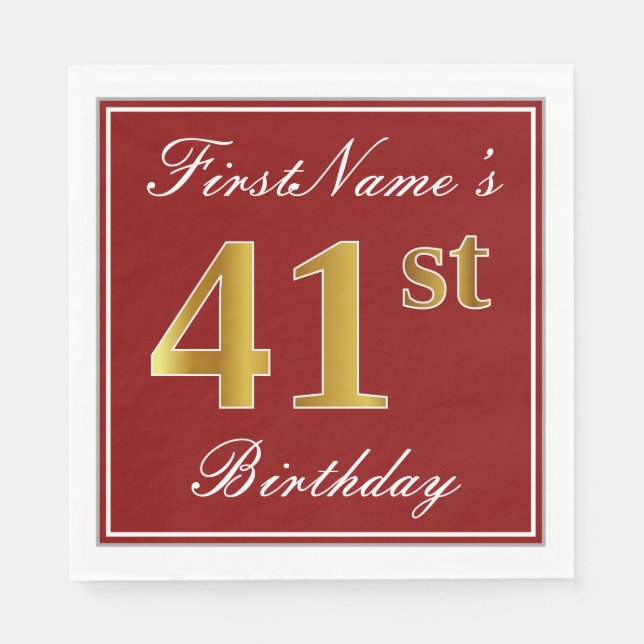 Elegant Red, Faux Guld 41st Birthday + Custom Name Pappersservett (Framsidan)