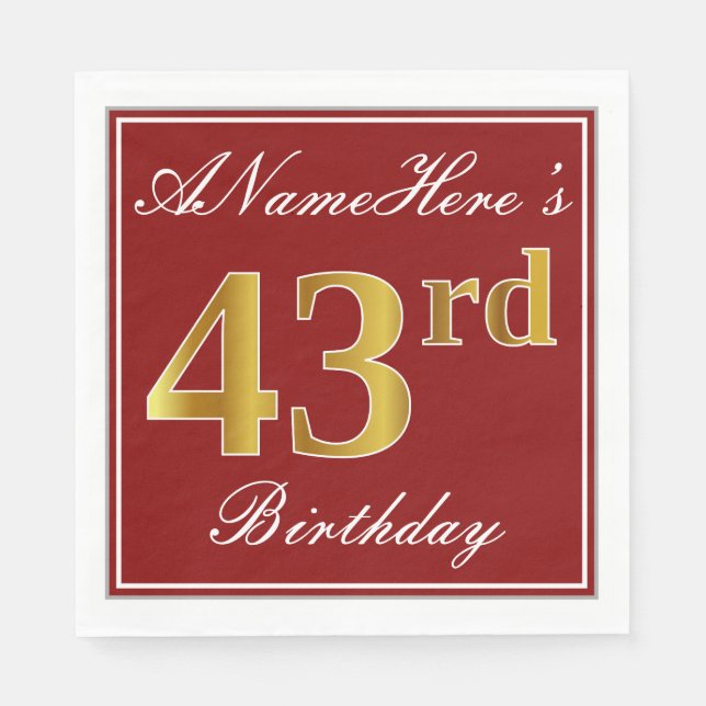 Elegant Red, Faux Guld 43 Birthday + Custom Name Pappersservett (Framsidan)