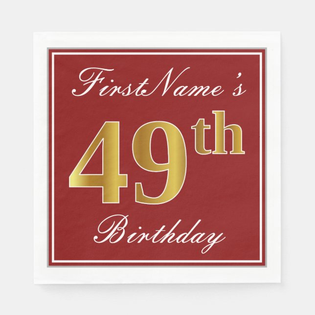 Elegant Red, Faux Guld 49 Birthday + Custom Name Pappersservett (Framsidan)