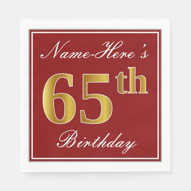 Elegant Red, Faux Guld 65e Birthday + Anpassat nam Pappersservett (Framsidan)