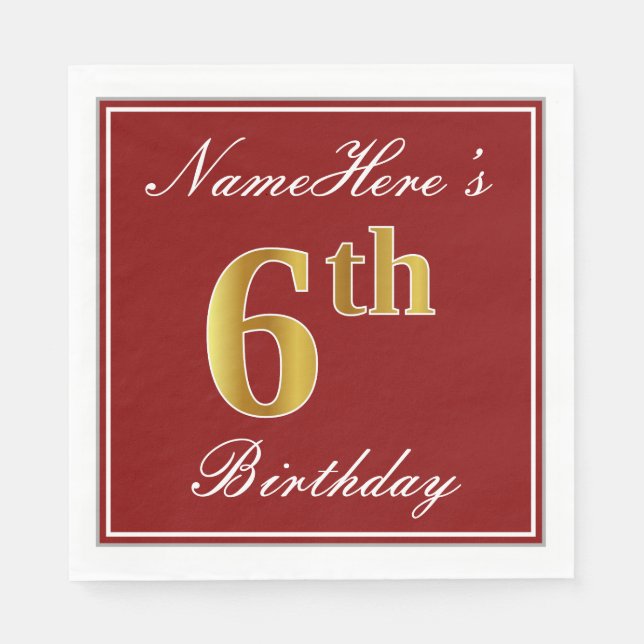 Elegant Red, Faux Guld 6e Birthday + Anpassat namn Pappersservett (Framsidan)