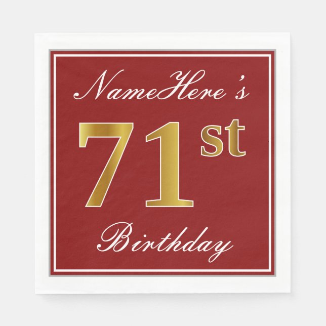 Elegant Red, Faux Guld 71st Birthday + Custom Name Pappersservett (Framsidan)
