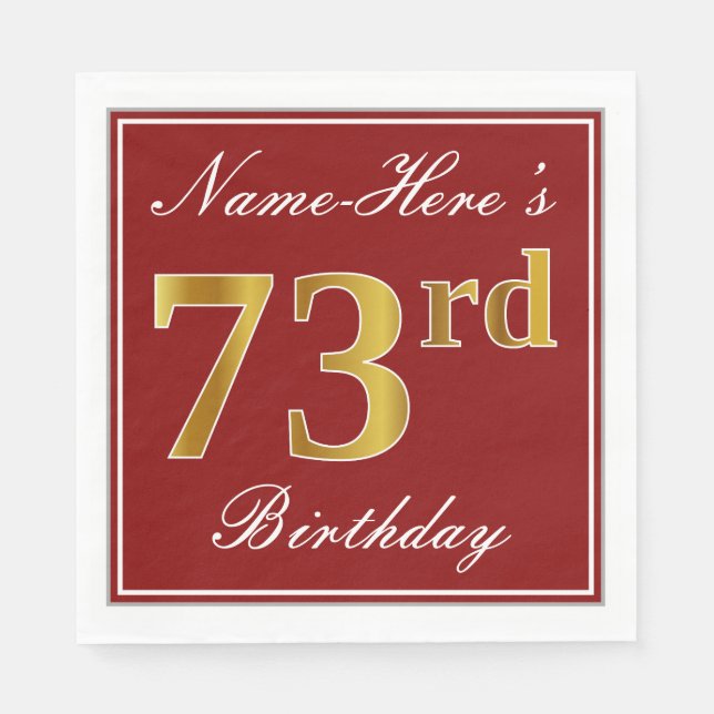 Elegant Red, Faux Guld 73 Birthday + Custom Name Pappersservett (Framsidan)
