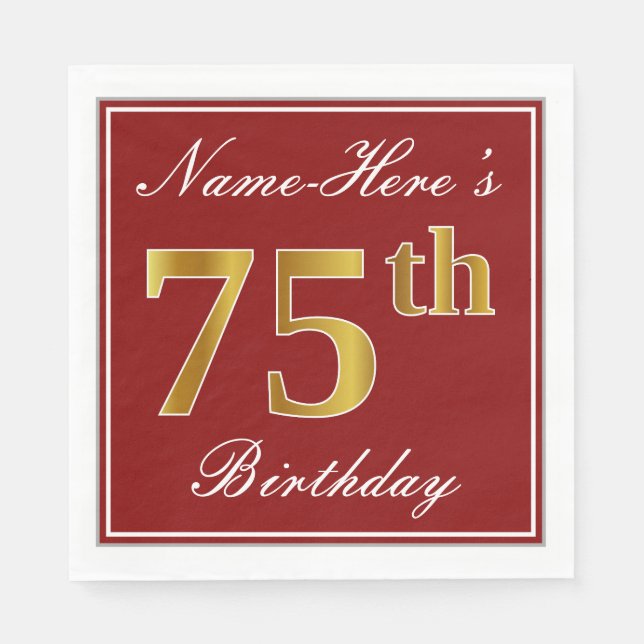 Elegant Red, Faux Guld 75:e Birthday + Anpassat na Pappersservett (Framsidan)