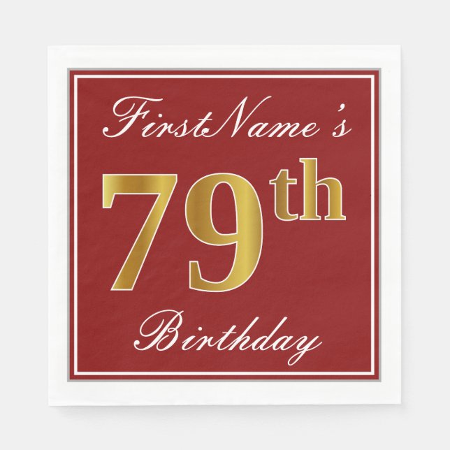 Elegant Red, Faux Guld 79 Birthday + Custom Name Pappersservett (Framsidan)