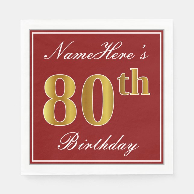 Elegant Red, Faux Guld 80 Birthday + Custom Name Pappersservett (Framsidan)