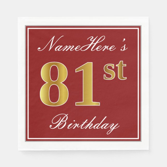 Elegant Red, Faux Guld 81st Birthday + Custom Name Pappersservett (Framsidan)