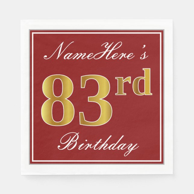 Elegant Red, Faux Guld 83 Birthday + Custom Name Pappersservett (Framsidan)