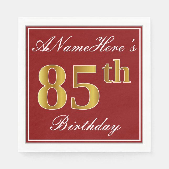 Elegant Red, Faux Guld 85 Birthday + Custom Name Pappersservett (Framsidan)