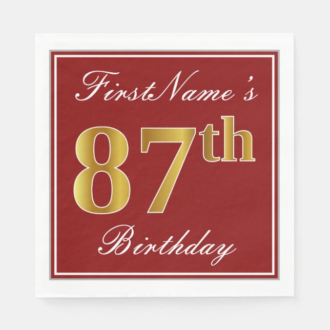 Elegant Red, Faux Guld 87 Birthday + Custom Name Pappersservett (Framsidan)