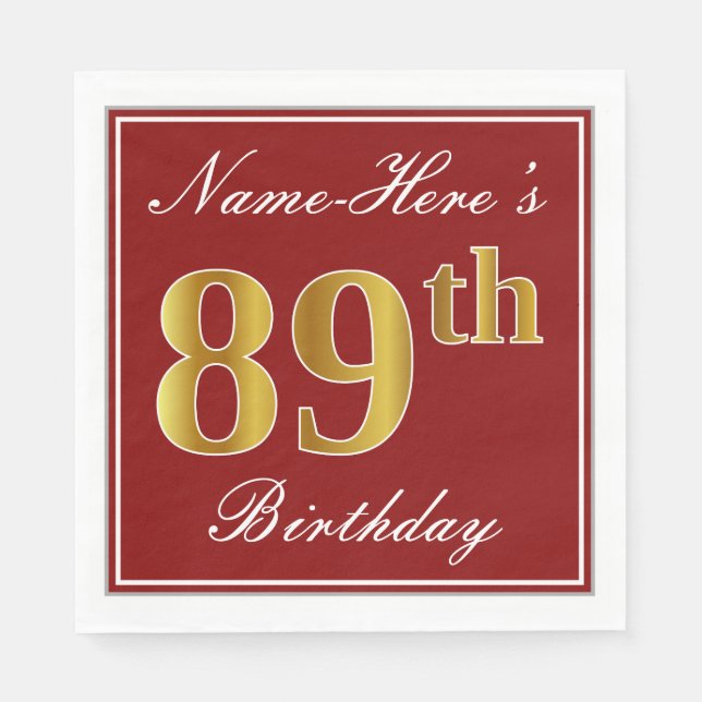 Elegant Red, Faux Guld 89 Birthday + Custom Name Pappersservett (Framsidan)