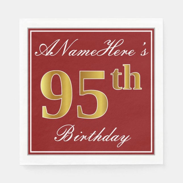 Elegant Red, Faux Guld 95 Birthday + Custom Name Pappersservett (Framsidan)