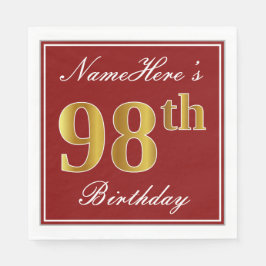 Elegant Red, Faux Guld 98th Birthday + Custom Name Pappersservett