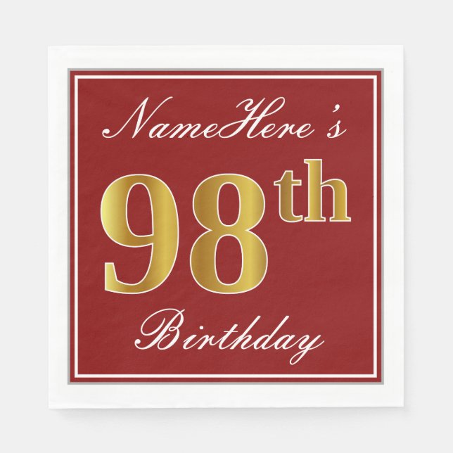 Elegant Red, Faux Guld 98th Birthday + Custom Name Pappersservett (Framsidan)