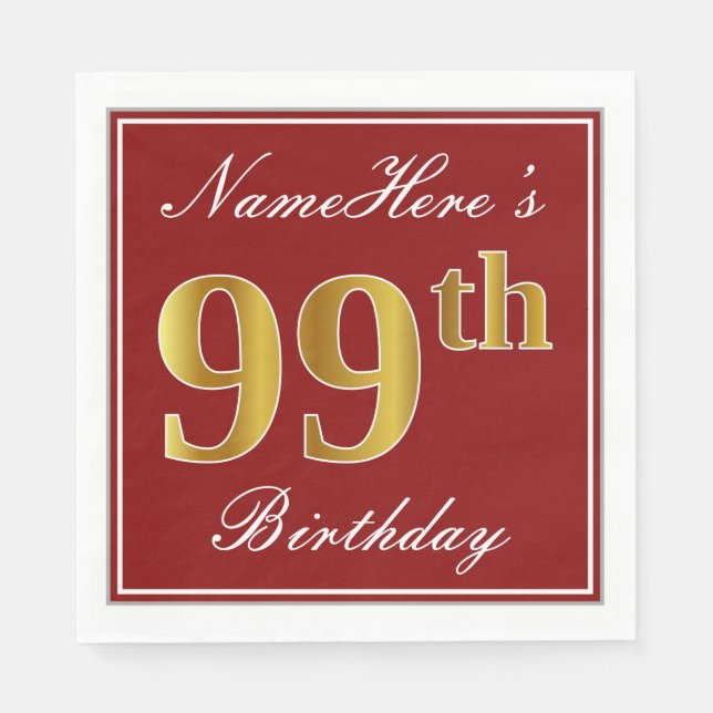 Elegant Red, Faux Guld 99 Birthday + Custom Name Pappersservett (Framsidan)