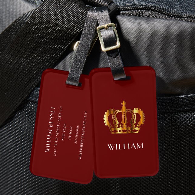 Elegant Red Faux Guld Krona Bagagebricka (Elegant Red Faux Gold Crown Luggage Tag)