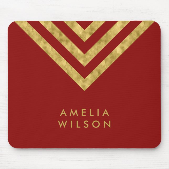 Elegant Red Faux Guld Namn Chevron Geometric Musmatta (Framsidan)