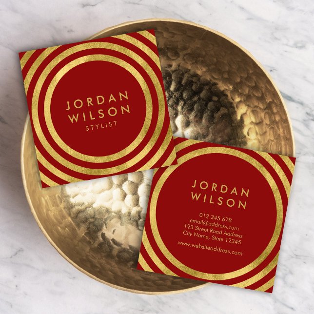 Elegant Red Faux Guld Round Linjer Geometric Fyrkantigt Visitkort (Skapare uppladdad)