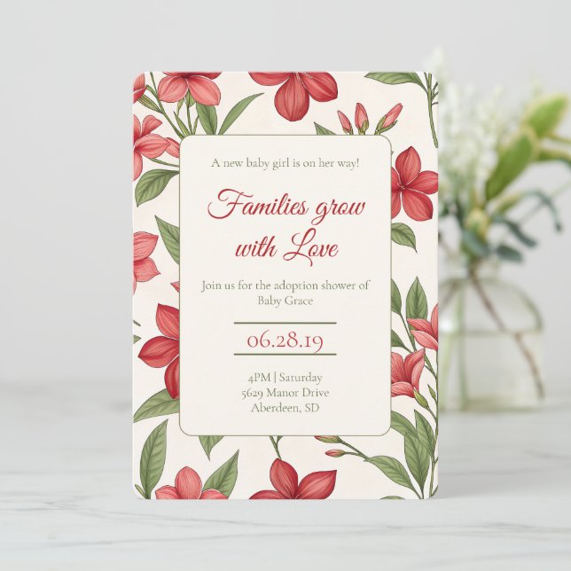 Elegant Red Floral Botanical Adoption Shower Inbjudningar (Stående Fram)