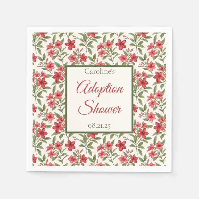 Elegant Red Floral Botanical Adoption Shower Pappersservett (Framsidan)