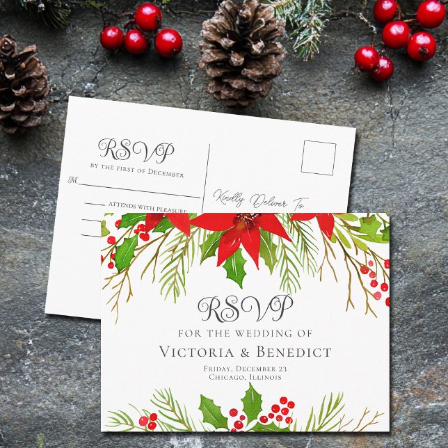 Elegant Red Floral Christmas Wedding RSVP Vykort (Skapare uppladdad)