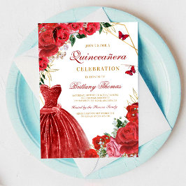 Elegant Red Floral Quinceañera Invitation Inbjudningar