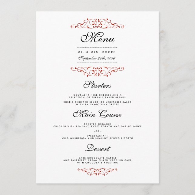 Elegant Red Flourish Bröllop Middag Menu Meny (Framsida)