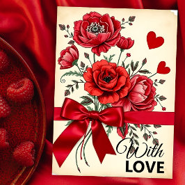 Elegant Red Flower Bouquet med hearts och Ribbon Kort