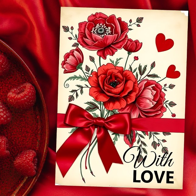 Elegant Red Flower Bouquet med hearts och Ribbon Kort (Skapare uppladdad)