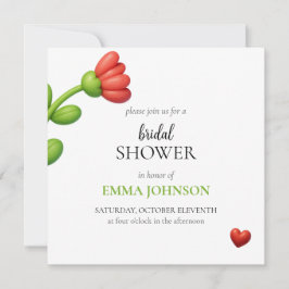 Elegant Red Flower & Heart Bridal Shower Inbjudningar