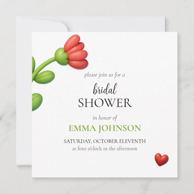 Elegant Red Flower & Heart Bridal Shower Inbjudningar (Framsida)